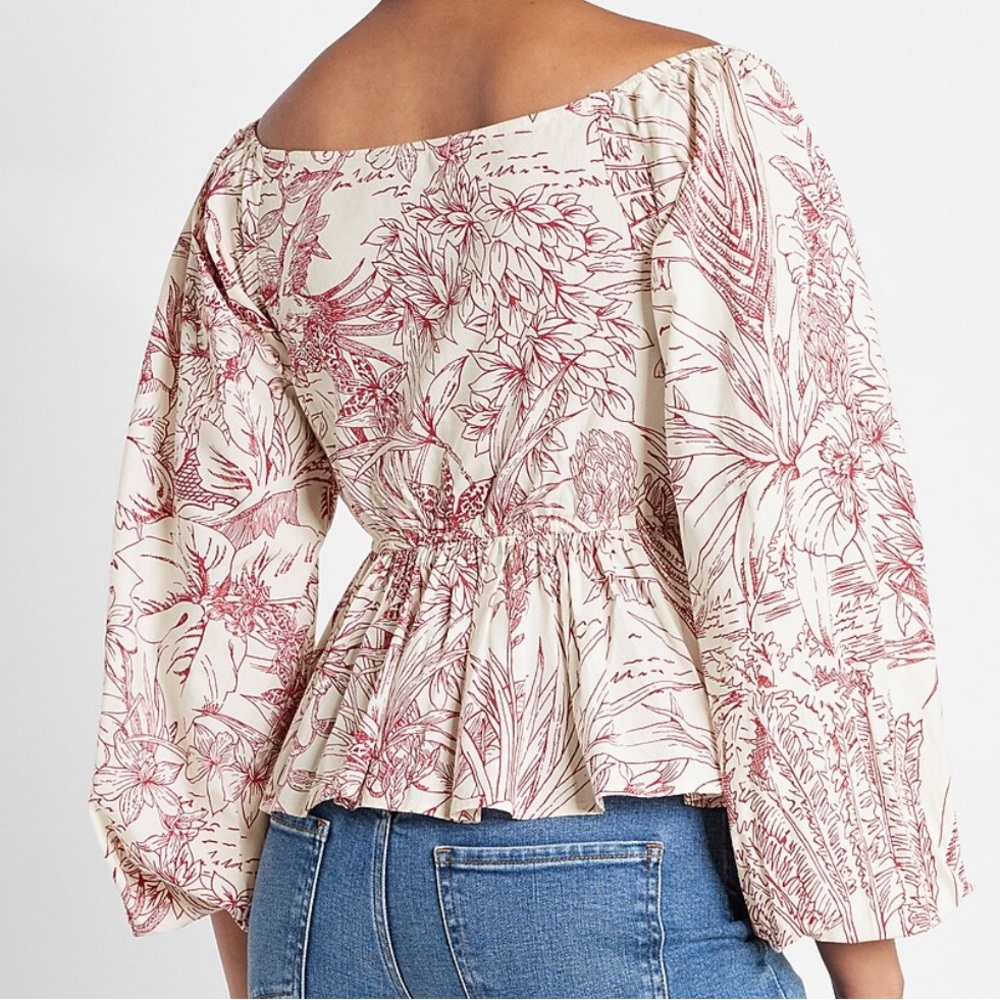 Express printed off the shoulder twist front peplum top size XL puffy sleeves - Picture 3 of 11
